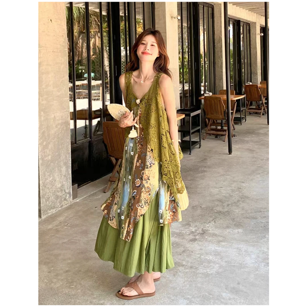 法式复古油画夏季新款镂空披肩法式印花吊带连衣裙套装-1203