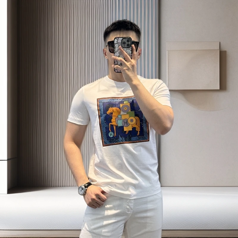 古帝特尼-春夏新款可机洗棉质男士休闲修身版烫钻圆领短袖LK-8006