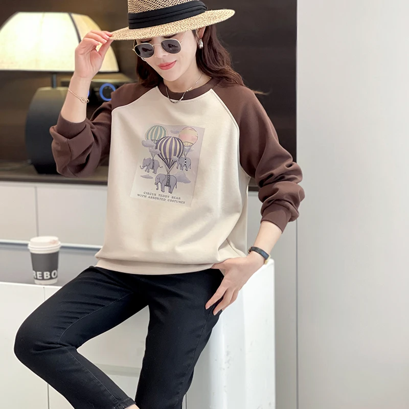 (拼色插肩袖小飞象卫衣)8019春秋时尚减龄洋气圆领长袖卫衣W