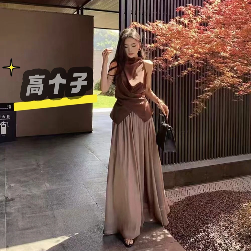 裙长100高个子加长轻奢高级感不规则绑带上衣流光半身裙两件套