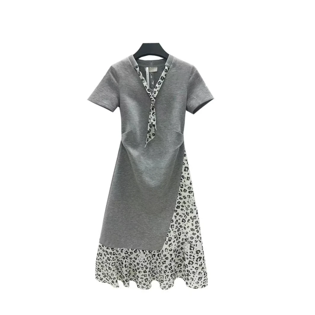 A232豹纹连衣裙女2025夏季新款假两件雪纺印花拼接气质裙子中长款