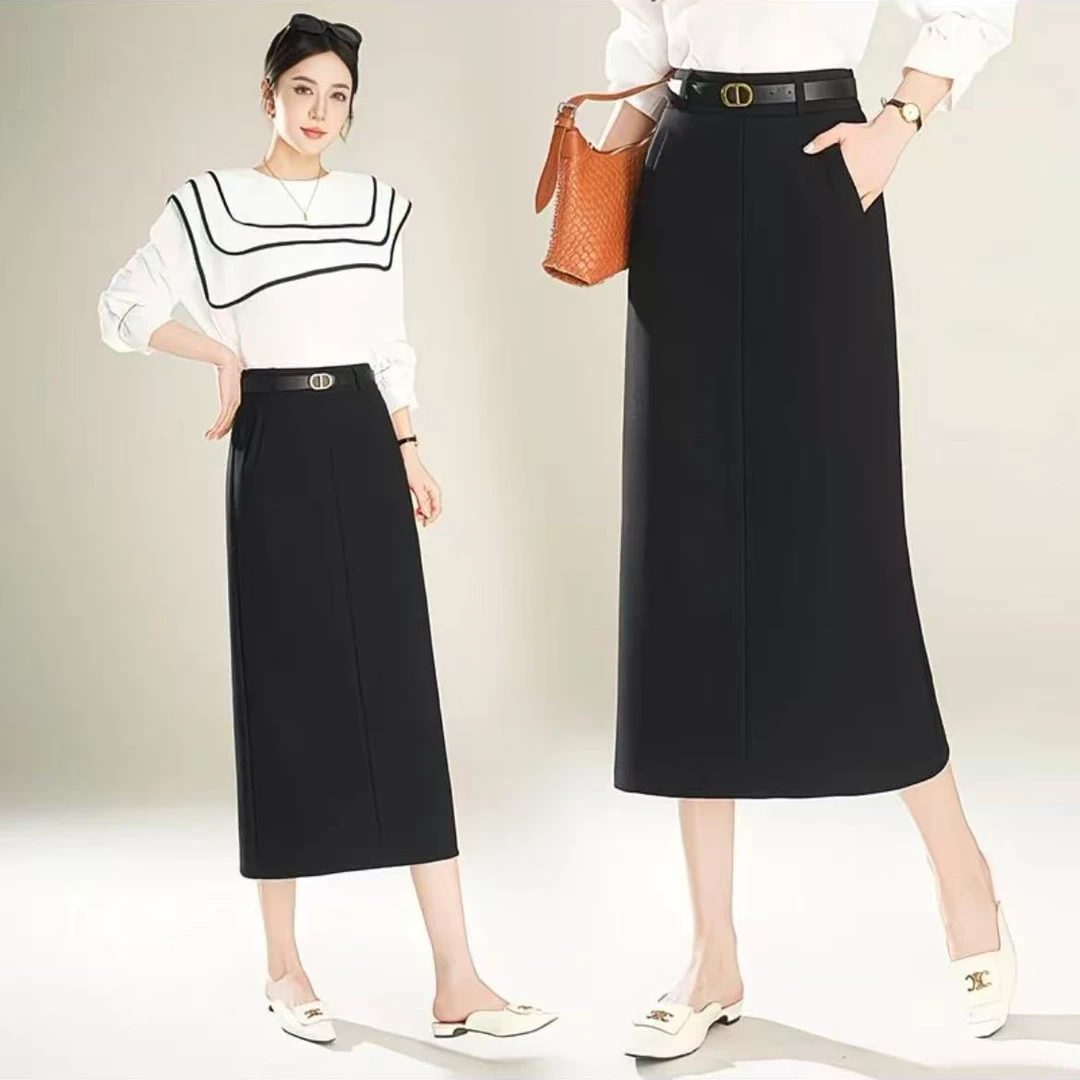 B079 （无腰带）百搭显瘦半身裙成人秋冬中长款高腰不规则法式