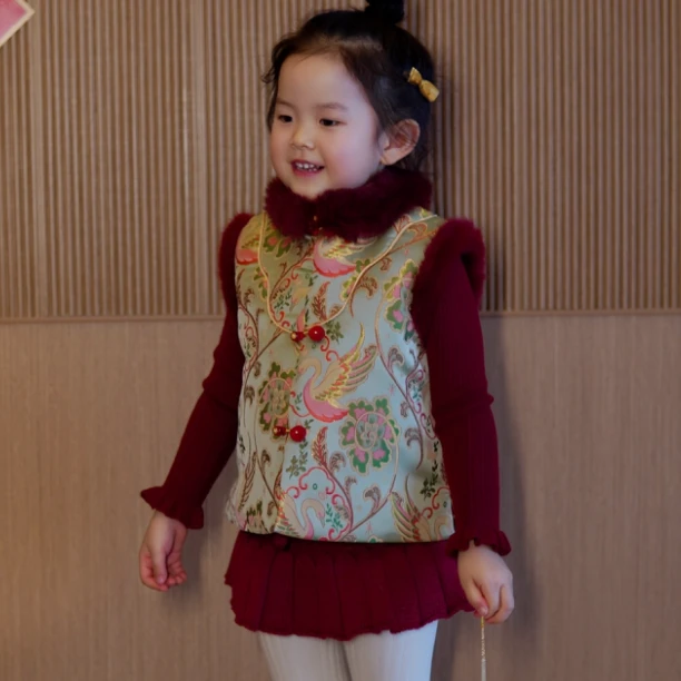金鹅报喜刺绣改良汉服马甲套装女童复古中国风马甲5821