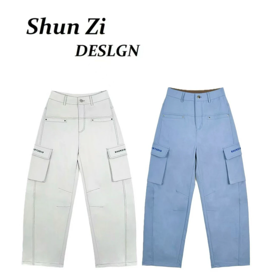 顺子/SZ6980 2025年春季新款原创时尚明线撞色刺绣美式弯刀裤