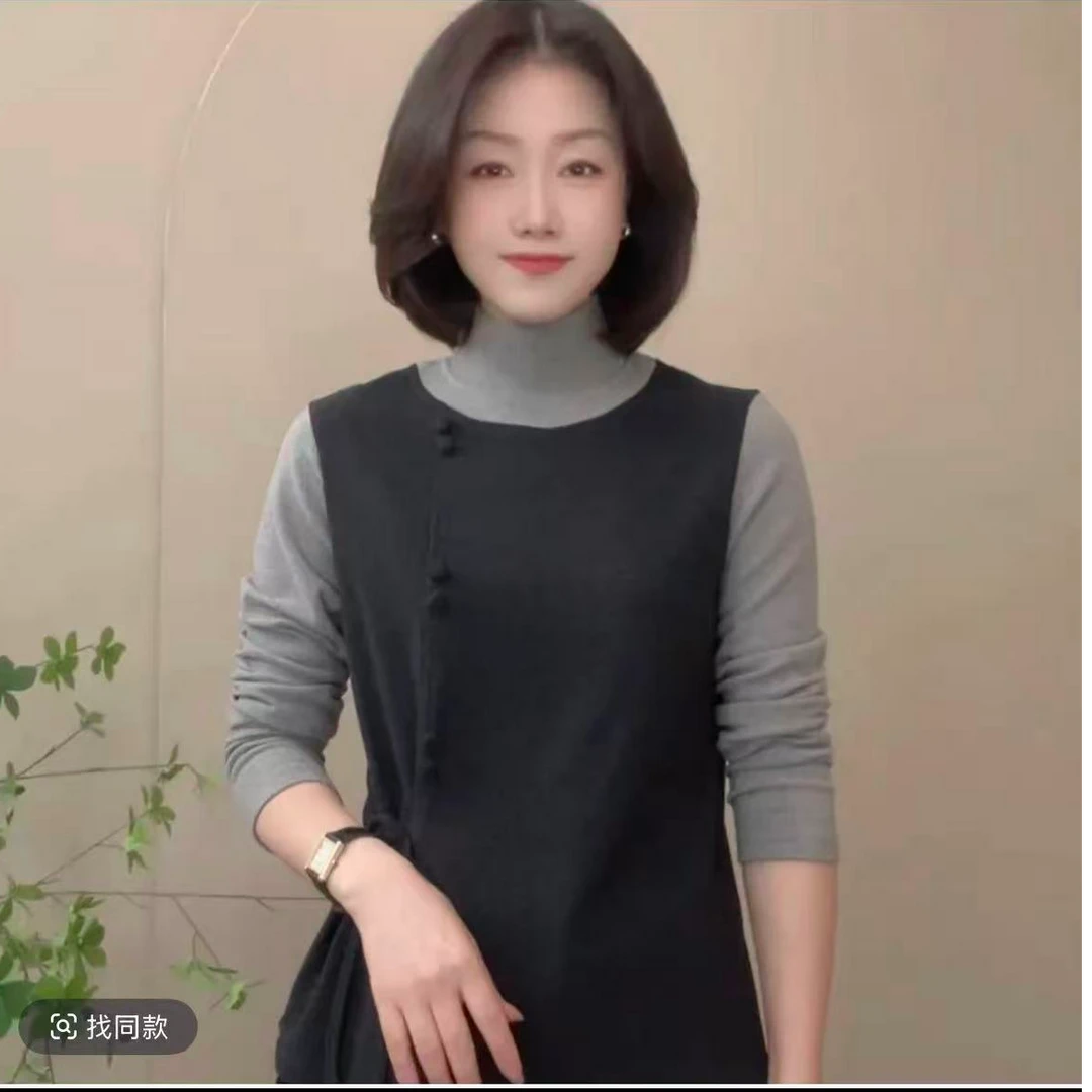 半高领T恤拼接宽松型女士长袖气质纯色女休闲