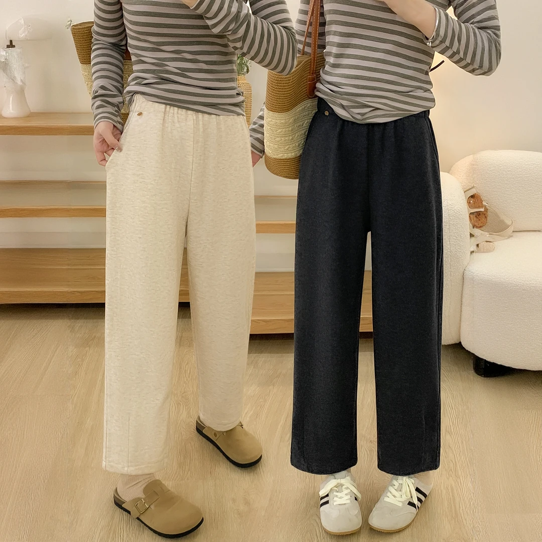 加绒深灰色直筒休闲裤女秋冬加厚胖妹妹mm梨形身材显瘦毛呢卫裤子