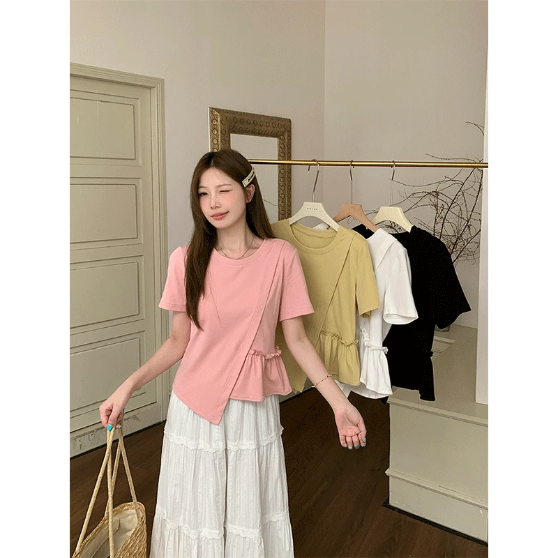 2025夏装新款胖mm大码女时尚百搭上衣设计感不规则拼接短袖T恤
