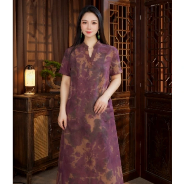 2025年新款红云纱新中式时尚气质收腰双面双穿桑蚕丝连衣裙23092