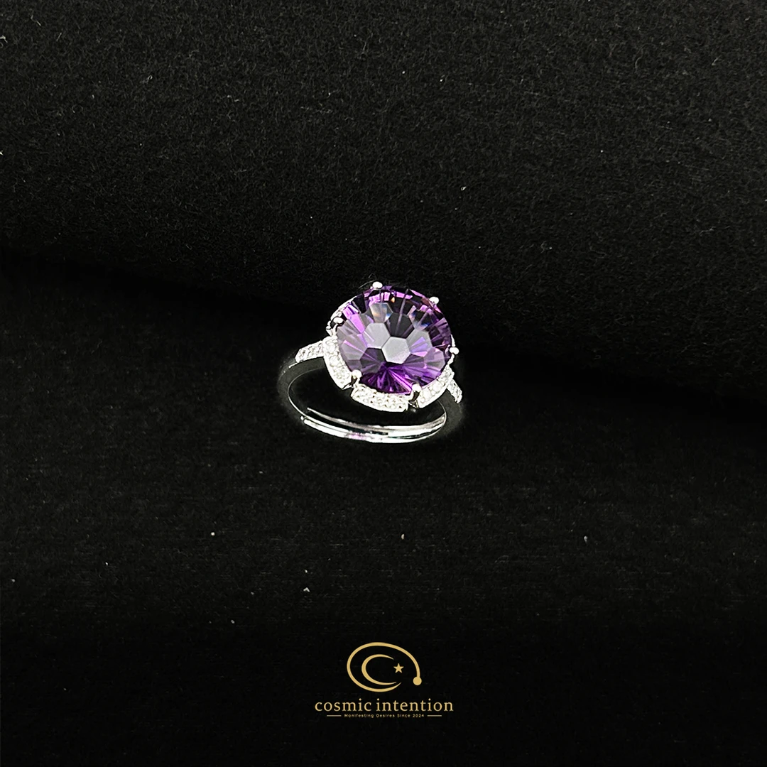 【宇宙意念】Ci032天然紫水晶满钻环绕镶嵌烟花切戒圈可调节戒指