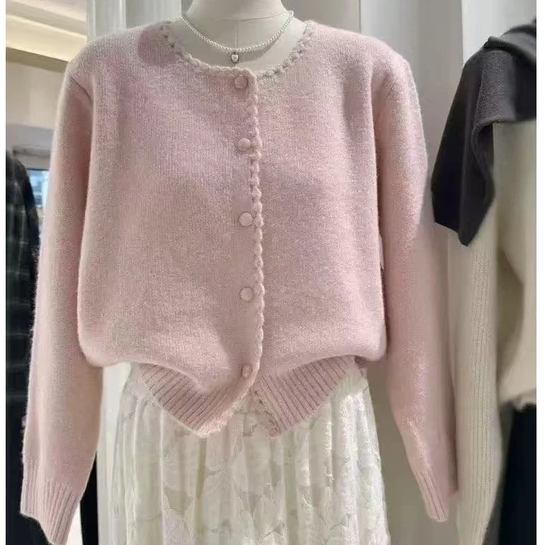 法式轻奢风2025秋冬新款洋气韩系重工手工勾花小香风圆领毛衣开衫