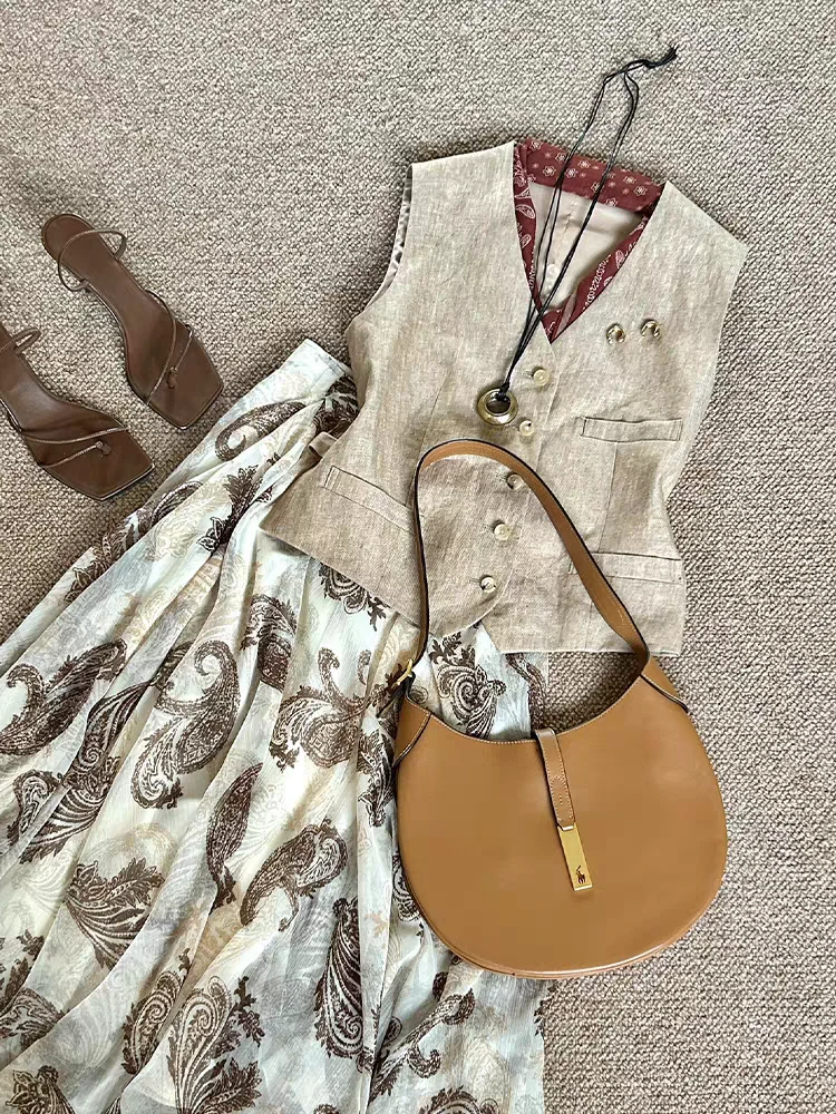 【杏花雾】咖调复古风雪纺飘逸半身裙1520