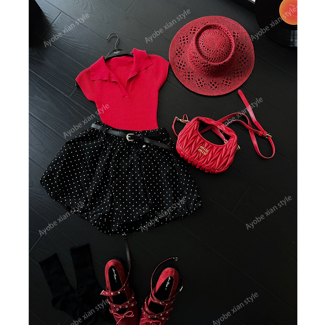 AYOBE小贤/微风记忆 甜美减龄俏皮蓬蓬半裙高腰松紧裙裤(带腰带)