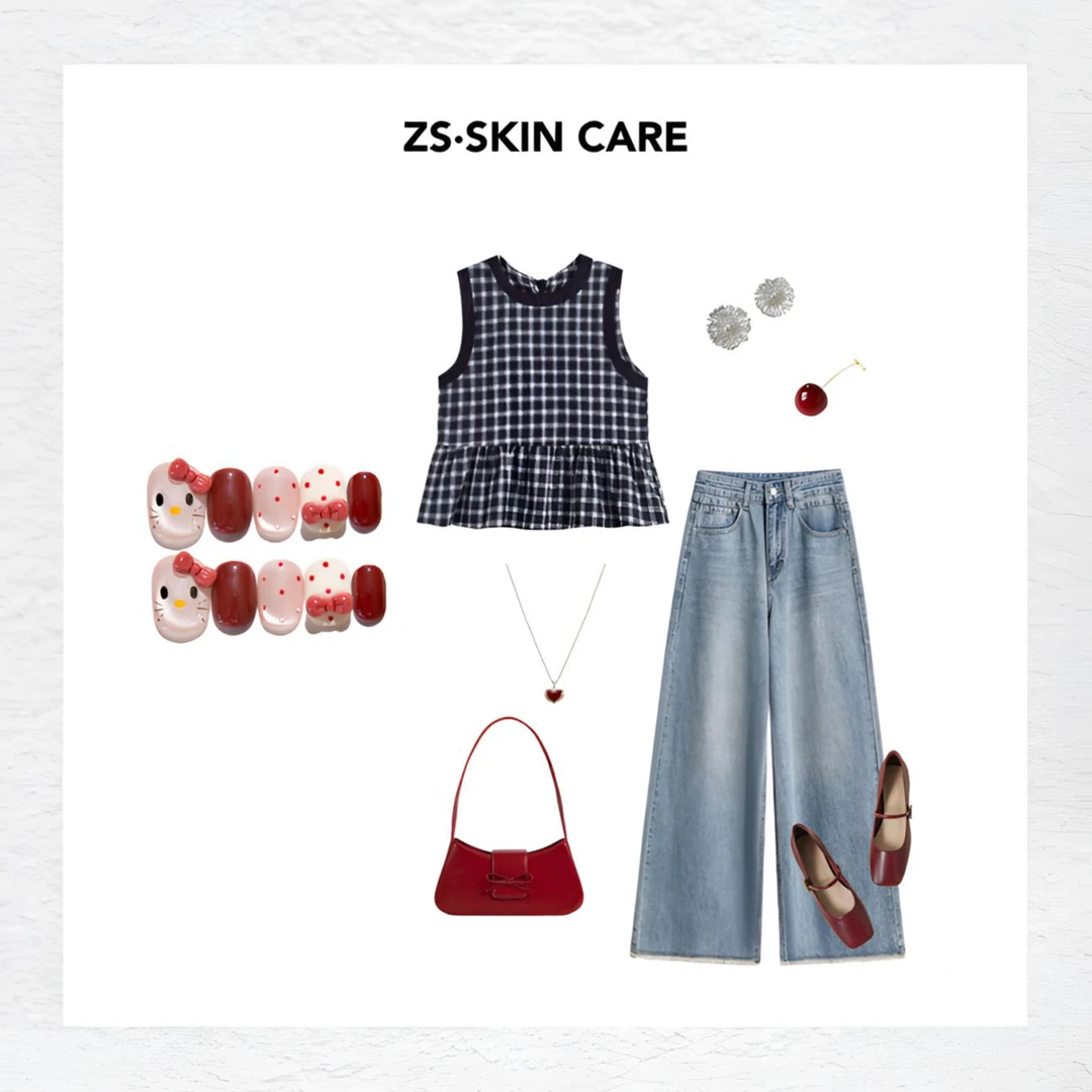 Hello Kitty猫蝴蝶结手绘红粉显白可爱款卡通纯手工穿戴甲可拆卸