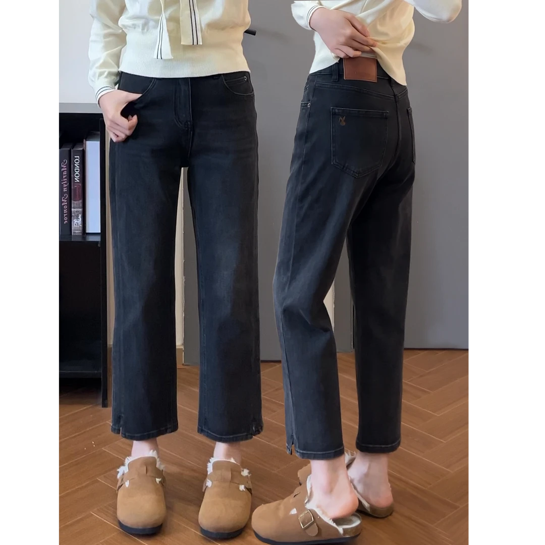 秋季新品窄版直筒裤女高腰弹力显瘦烟管裤微胖大码分叉刺绣九分裤