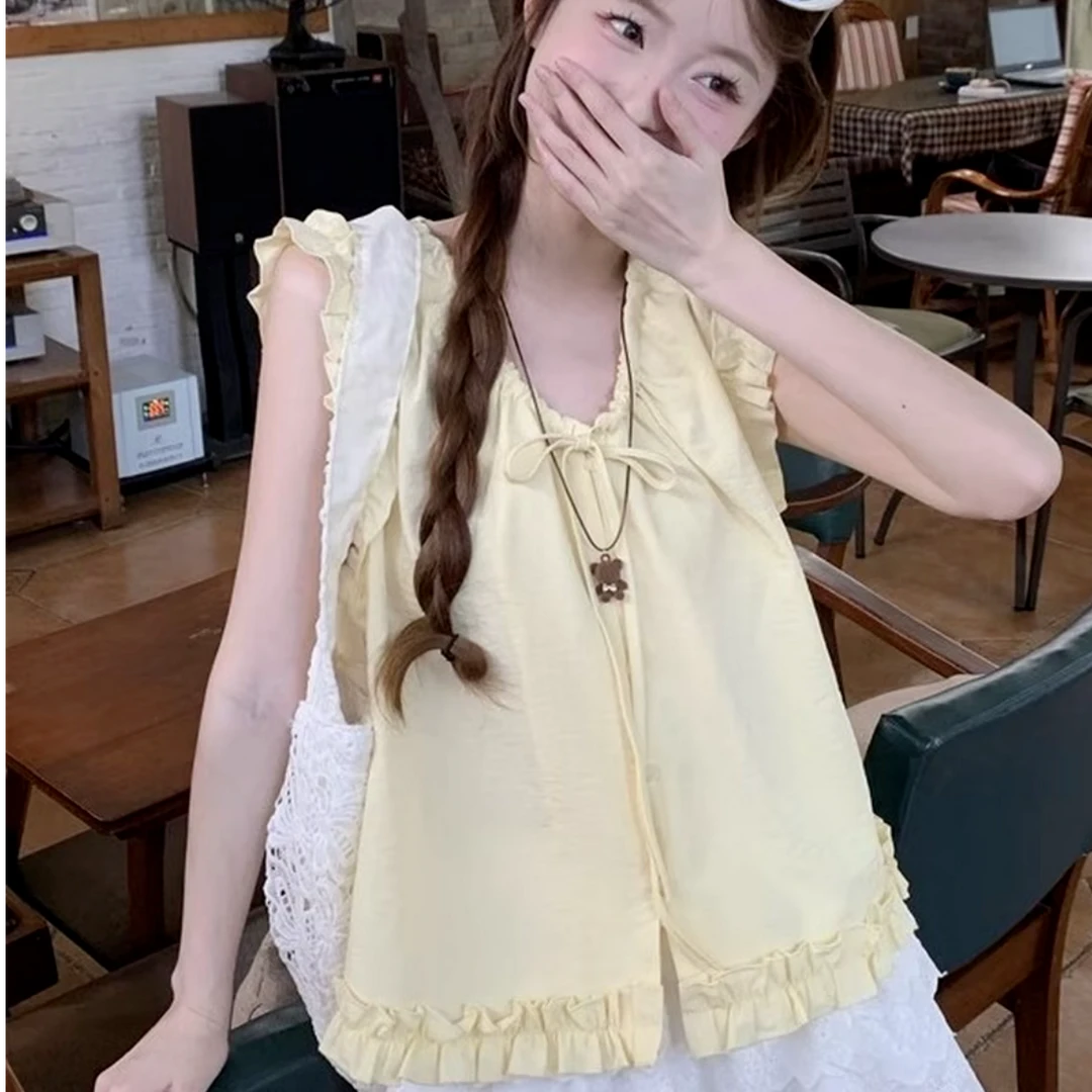 夏季韩系新款甜美减龄木耳边V领系带设计感单排扣小衫0114# quan