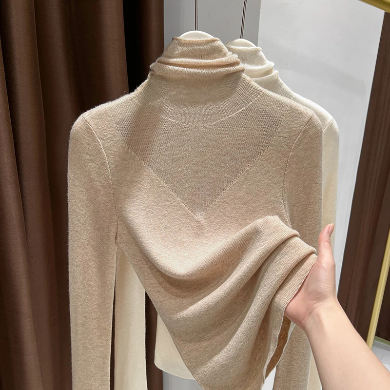 卡其色薄款正肩气质堆堆领叠穿打底衫女春季爆款高级感软糯针织衫