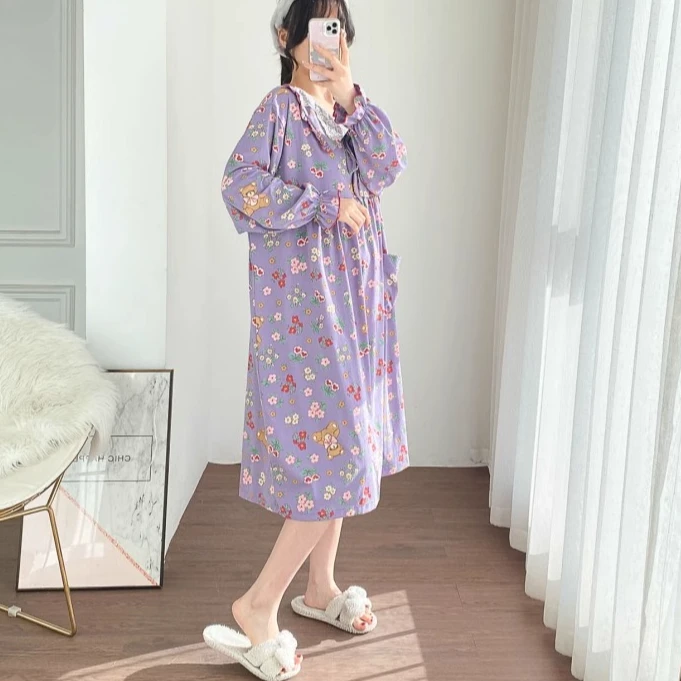 花边碎花长袖公主风棉加长睡裙加大码孕妇春秋胖MM200斤家居服