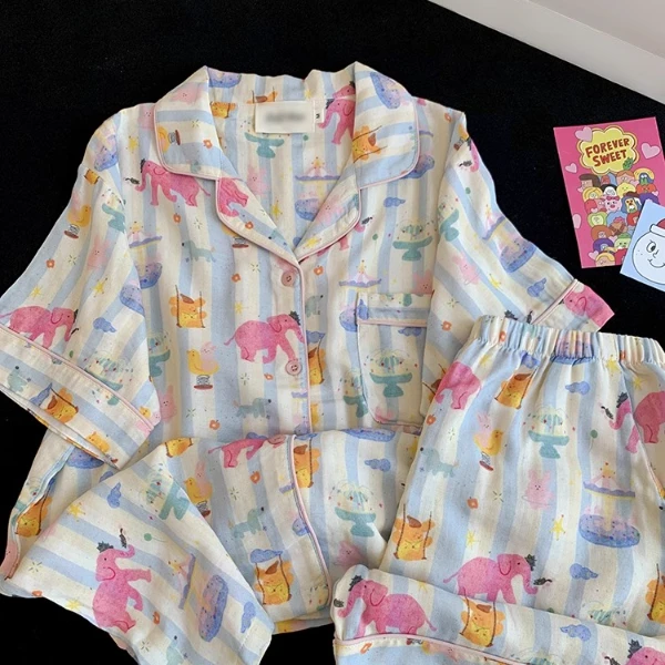 睡衣女夏季粉色大象夏天条纹短袖长裤三件套夏款女士薄款家居服