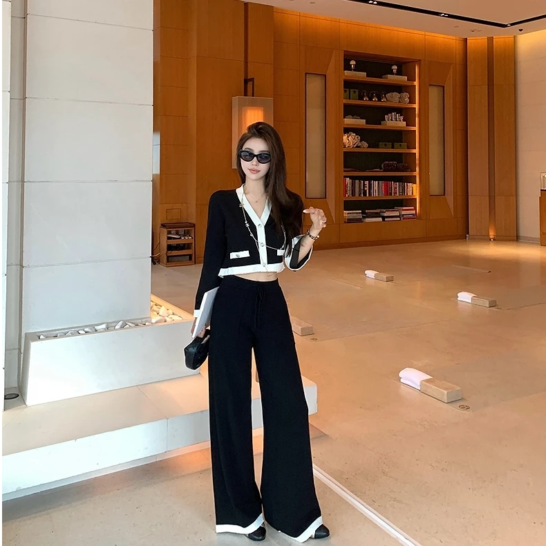 法式小香风辣妹炸街拼色针织套装秋季新款高级感显瘦阔腿裤两件套