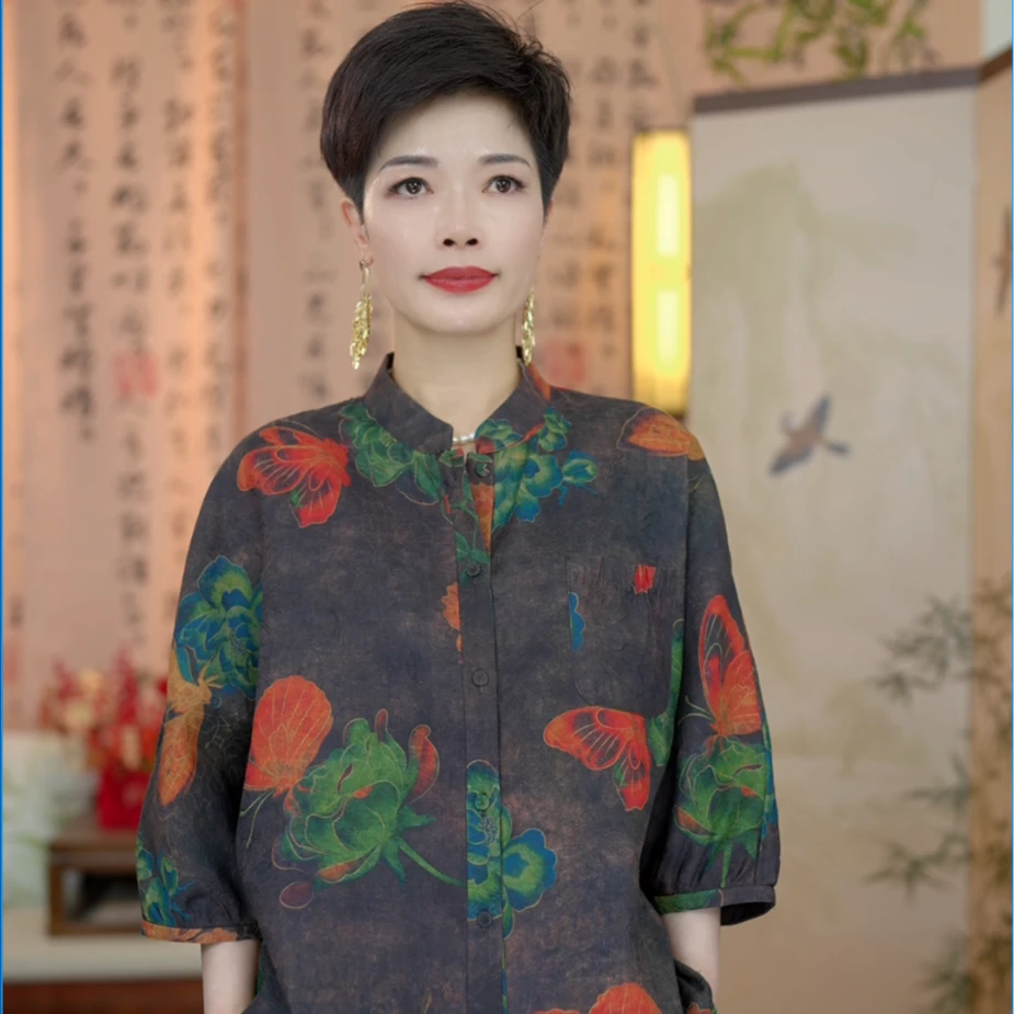 叶辰甄选香云纱 100桑蚕丝香云纱老莨绸衬衫上衣(25026)