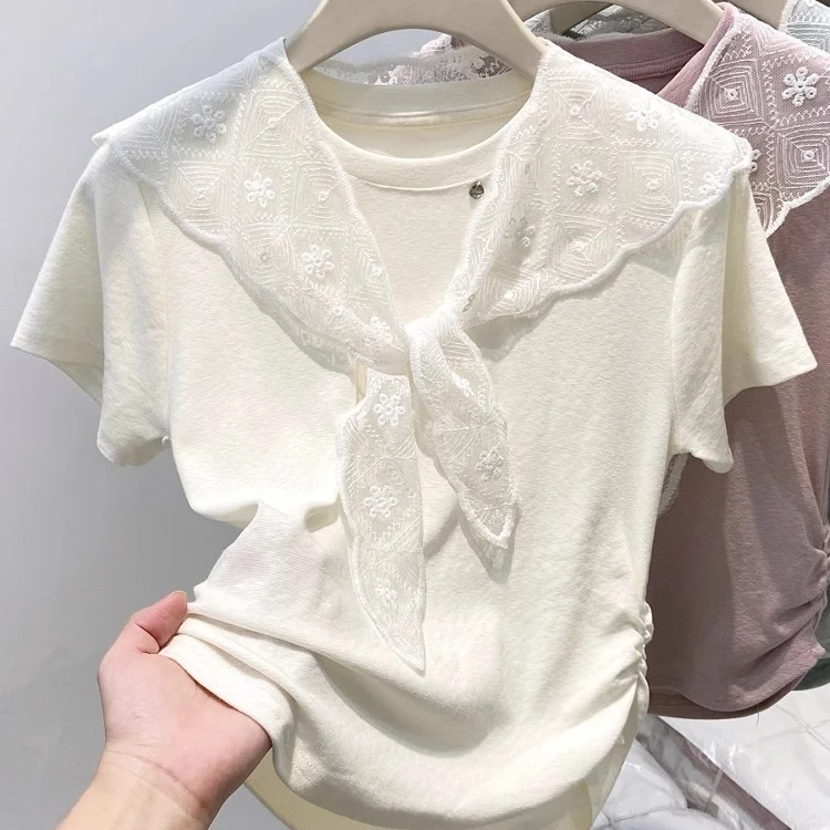 蕾丝披肩圆领短袖t恤女2025夏季新款设计感褶皱收腰显瘦短款上衣