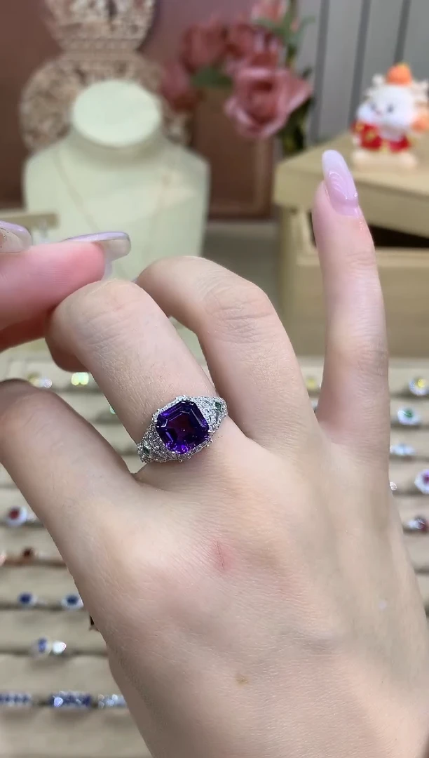 银S925镶嵌戒指紫晶豪镶紫水晶