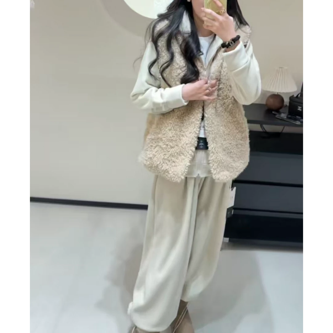 新款大码女装胖mm冬季双面摇粒绒外套裤子马甲三件套时尚套装