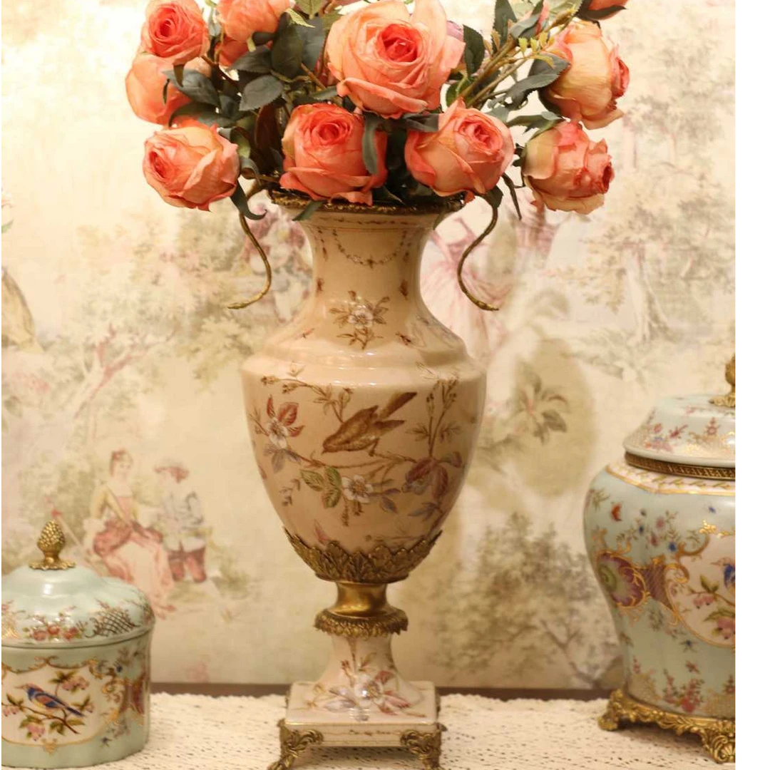 【茉奈家居】粉底花鸟铜配陶瓷手工彩绘花瓶复古轻奢玄关摆件美式