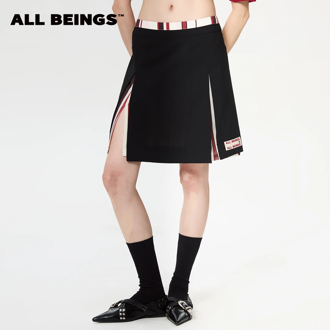 ALL BEINGS25年春夏设计师新款黑色双开叉条纹时尚解构中裙女