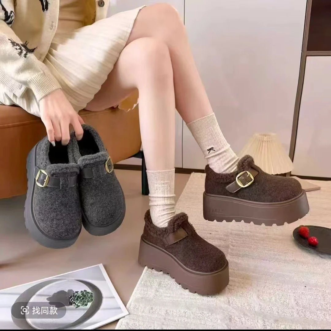 92222加棉厚底勃肯鞋外增高平底毛呢包头2025新款女鞋（卡码拍小）