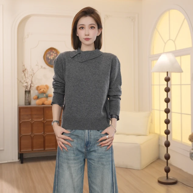 Basic House/百家好2026早春新款百搭长袖斜翻领套头毛衣女NDQ53