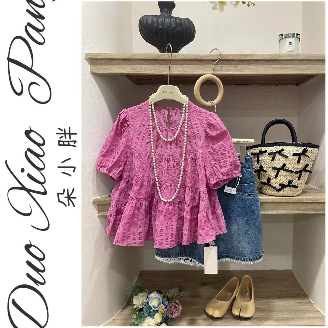 特价2025夏季设计感圆领泡泡袖衬衫女大码胖MM遮肚子宽松上衣1300