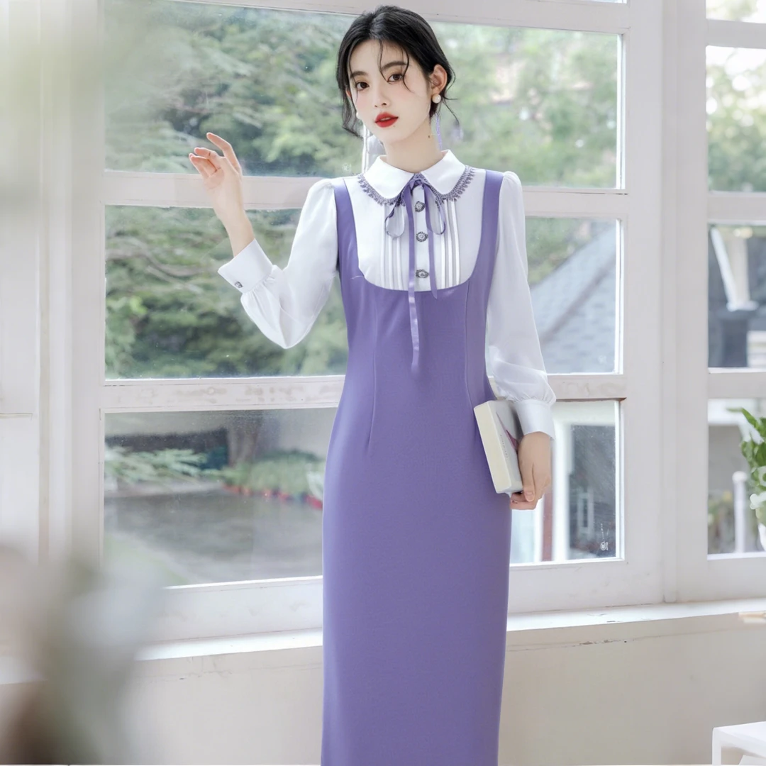 A【送胸花】春秋穿搭衬衫假两件法式时尚长袖修身紫色连衣长裙D3527