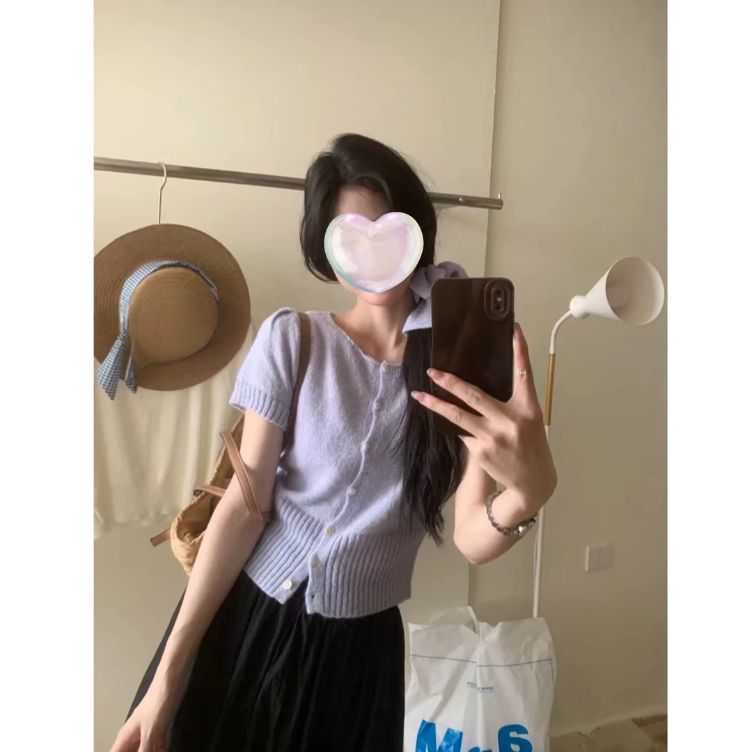 新款韩系薄款短袖时尚圆领百搭针织开衫上衣（送发圈）#8879