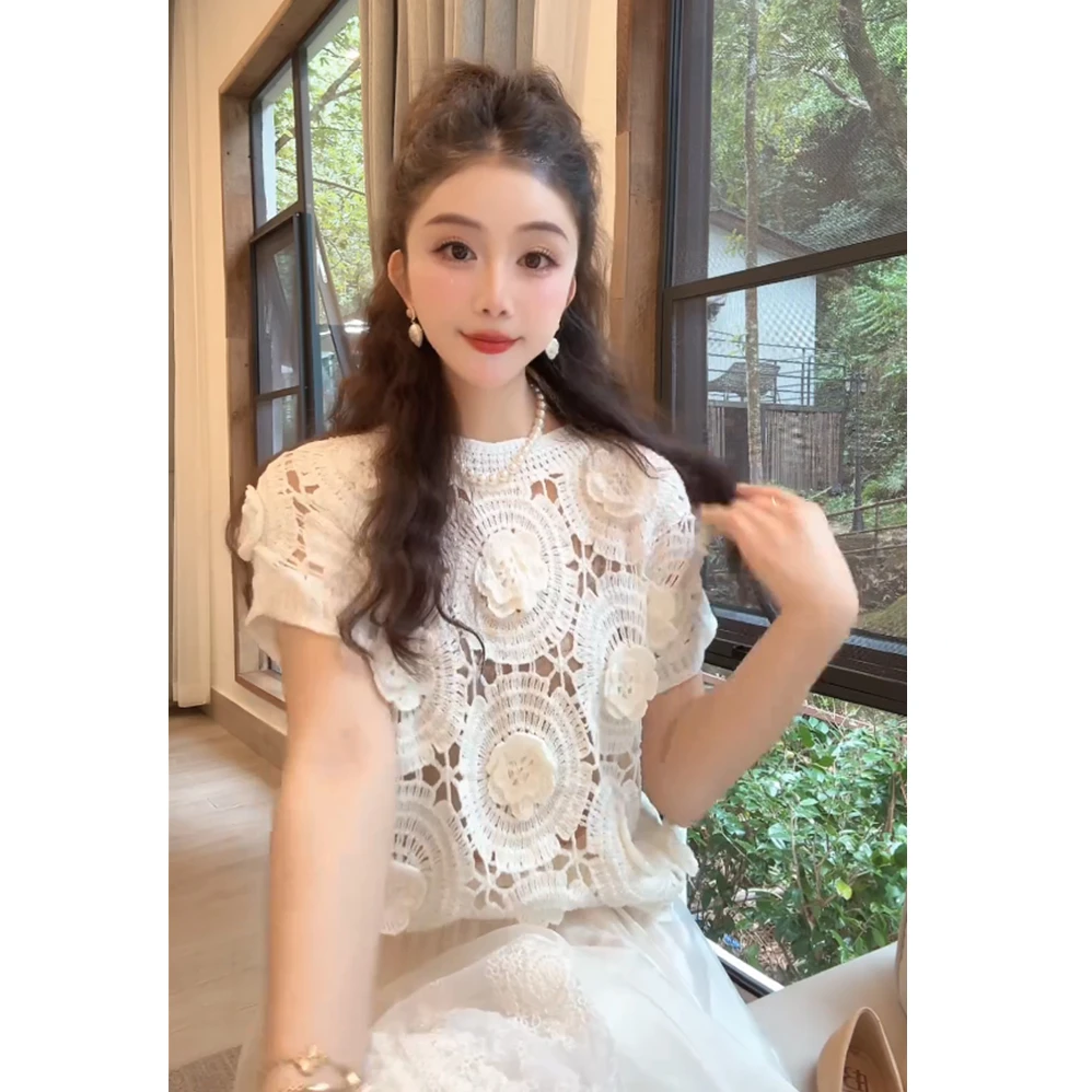 【现货秒发】洋洋优选-春夏新款纯欲镂空立体花朵短袖针织衫YY71253