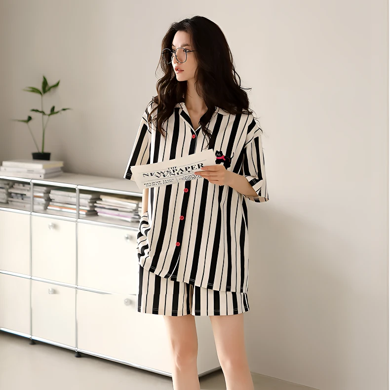 女士短袖短裤条纹休闲夏季睡衣家居服套装宽松时尚简约韩版20007