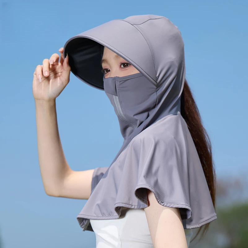 冰丝遮脸面罩夏天防晒神器女防紫外线遮阳披肩护颈肩连帽子一体