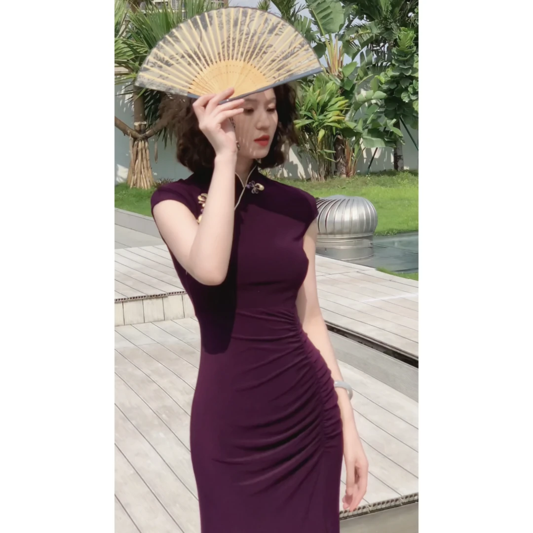 彩彩家【九天揽月】夏季紫色显白收腰修身设计优雅气质改良旗袍