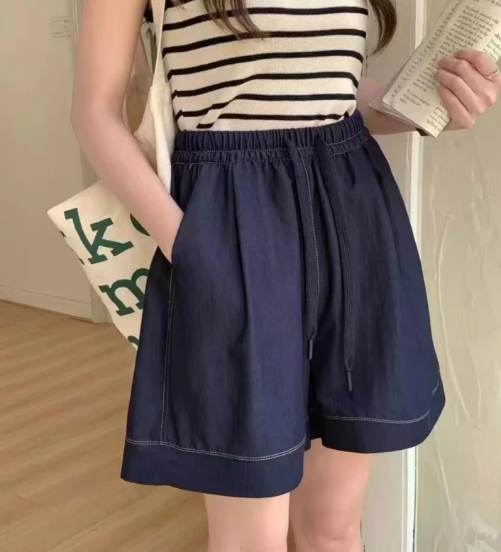 微胖MM夏季简约纯色明线A字短裤女大码薄款宽松显瘦阔腿五分裤