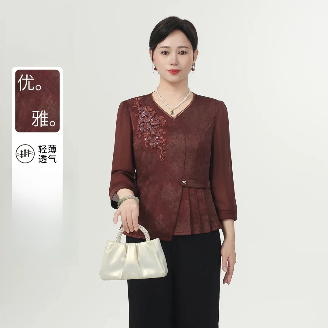 妈妈装2025新款早秋网纱袖刺绣上衣套装中老年女贵气国风小衫