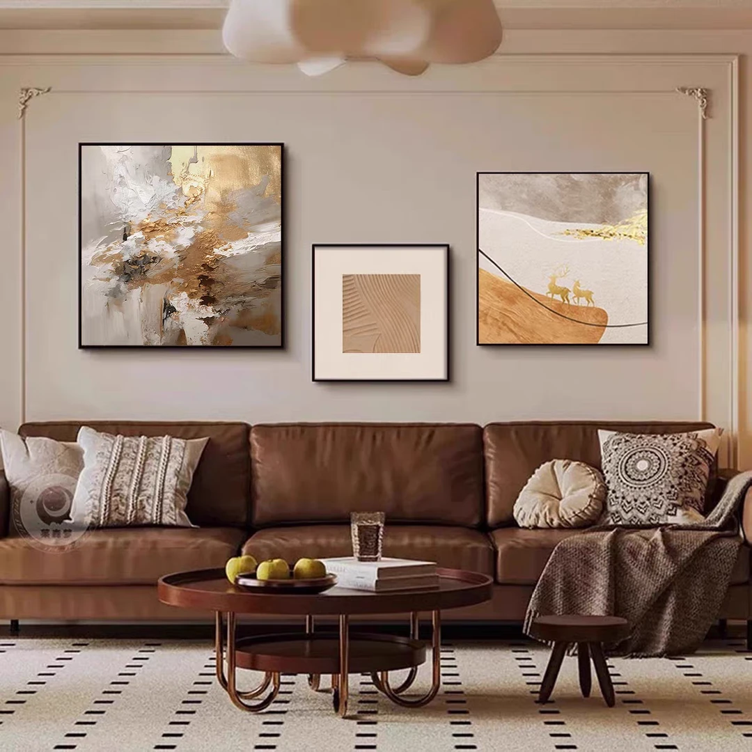 手工客厅大白墙画沙发背景墙挂画抽象肌理轻奢餐厅高级感三联壁画