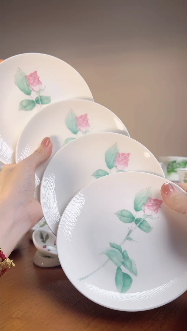 【闪购商品】玫瑰高骨瓷6寸浅盘4个