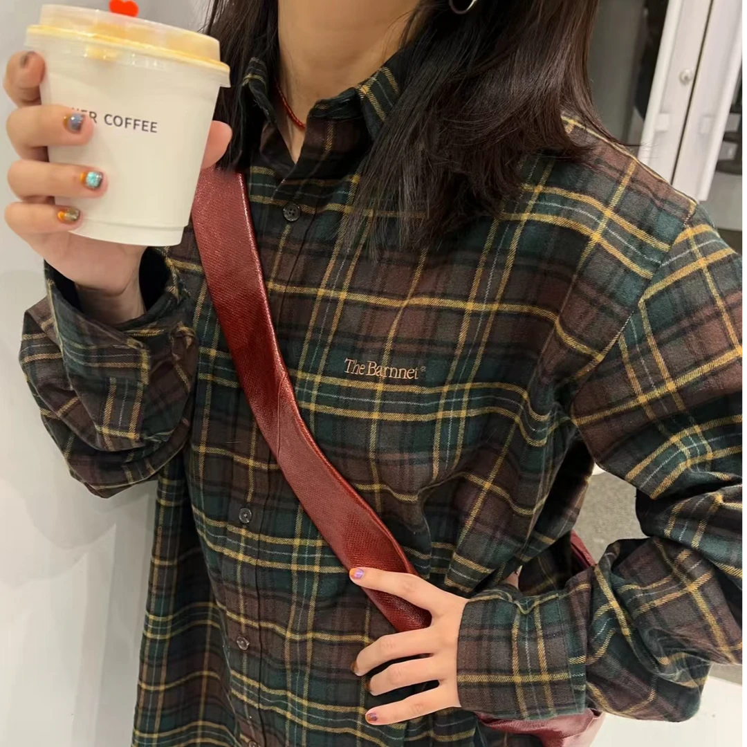 【巴耐格子衬衫】秋冬宽松百搭磨毛撞色格子复古长袖衬衫