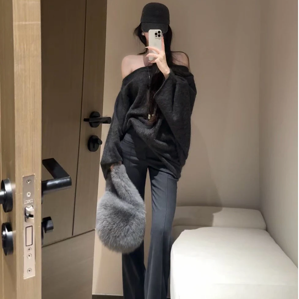 巨好看的秋冬一整套女韩系一字领露肩宽松慵懒风针织上衣微喇裤