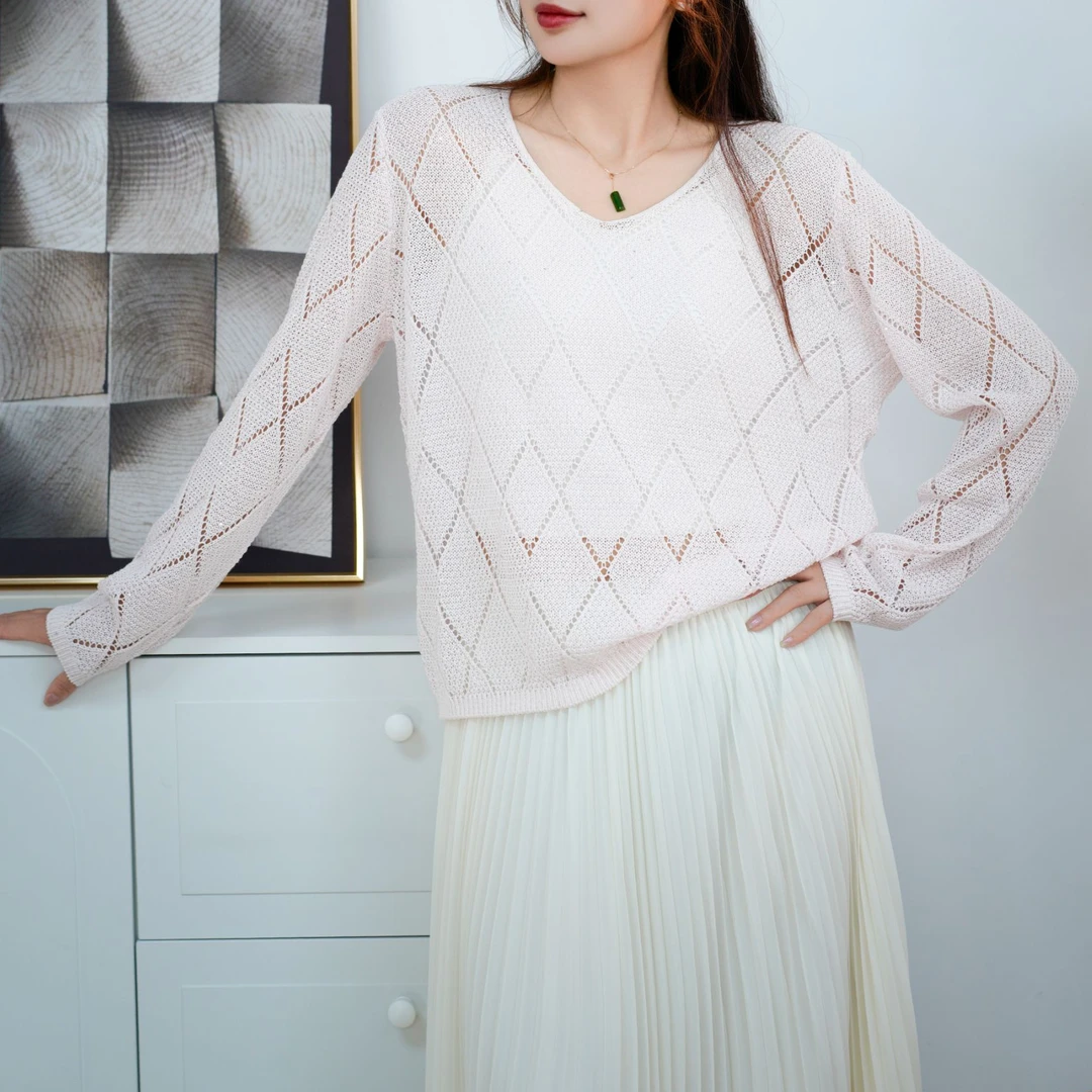 V领女纯色薄款镂空针织衫211170164