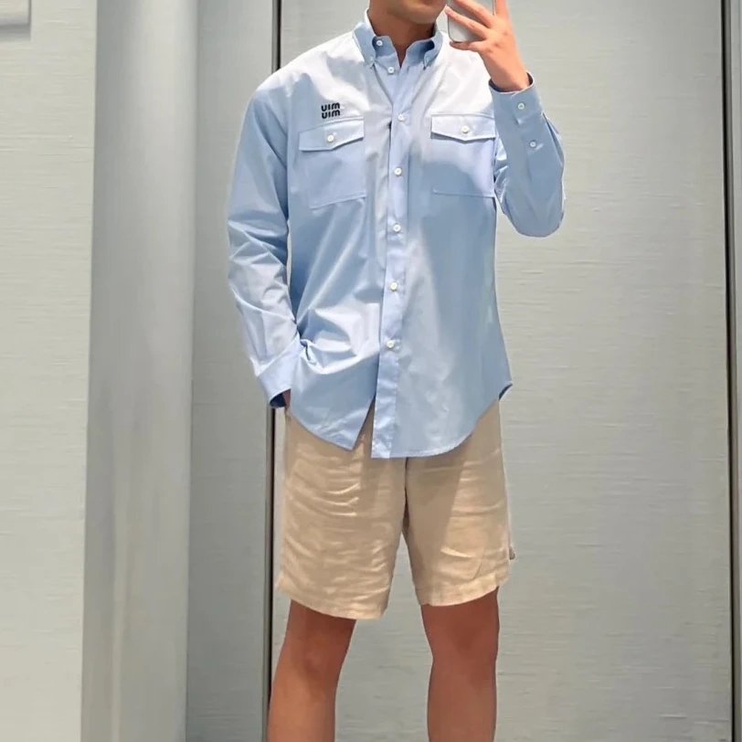 99新 MIU MIU/缪缪  J19271 logo刺绣蓝色立领长袖衬衫