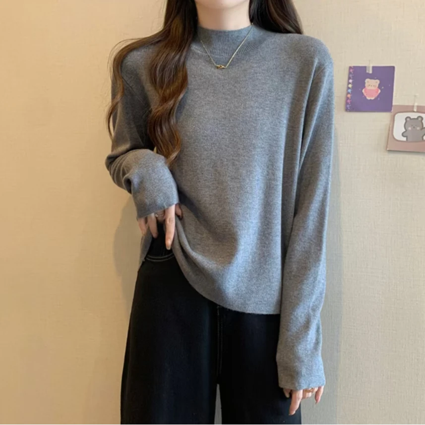 大码女装半高领显瘦简约百搭针织衫胖mm打底秋冬季洋气高级感上衣