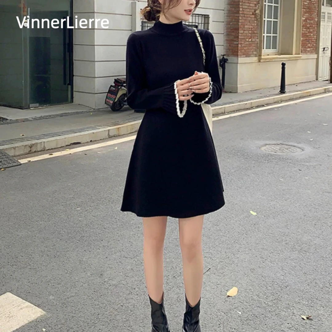 薇妮诺秋冬高领针织打底连衣裙纯色高弹力立领针织连衣裙气质长袖