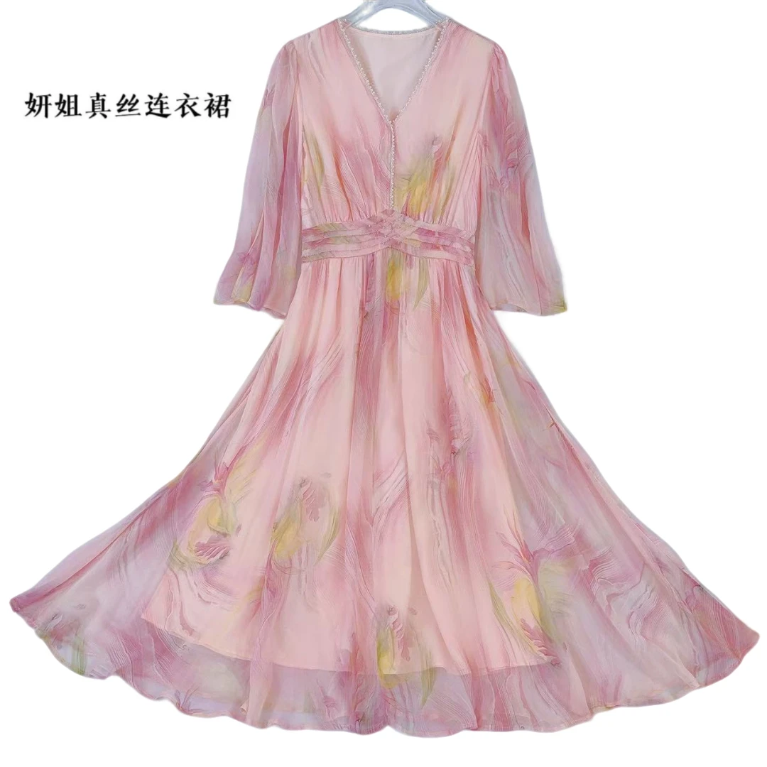 妍姐桑蚕丝2025夏季气质百搭轻奢女装长裙优雅时尚 嫩粉花 258012