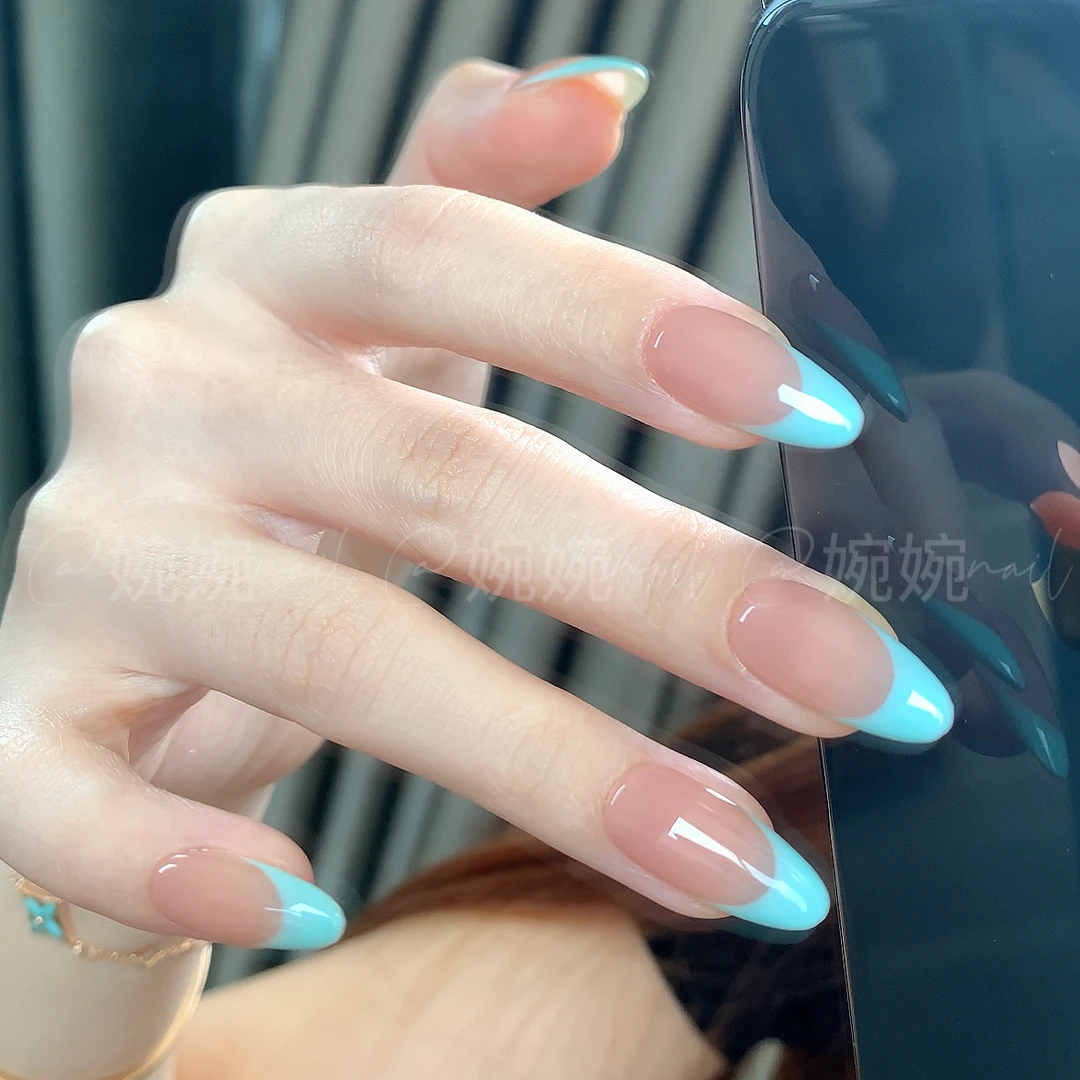 【调色蓝绿法式】纯手工手绘简约干净百搭法式穿戴甲